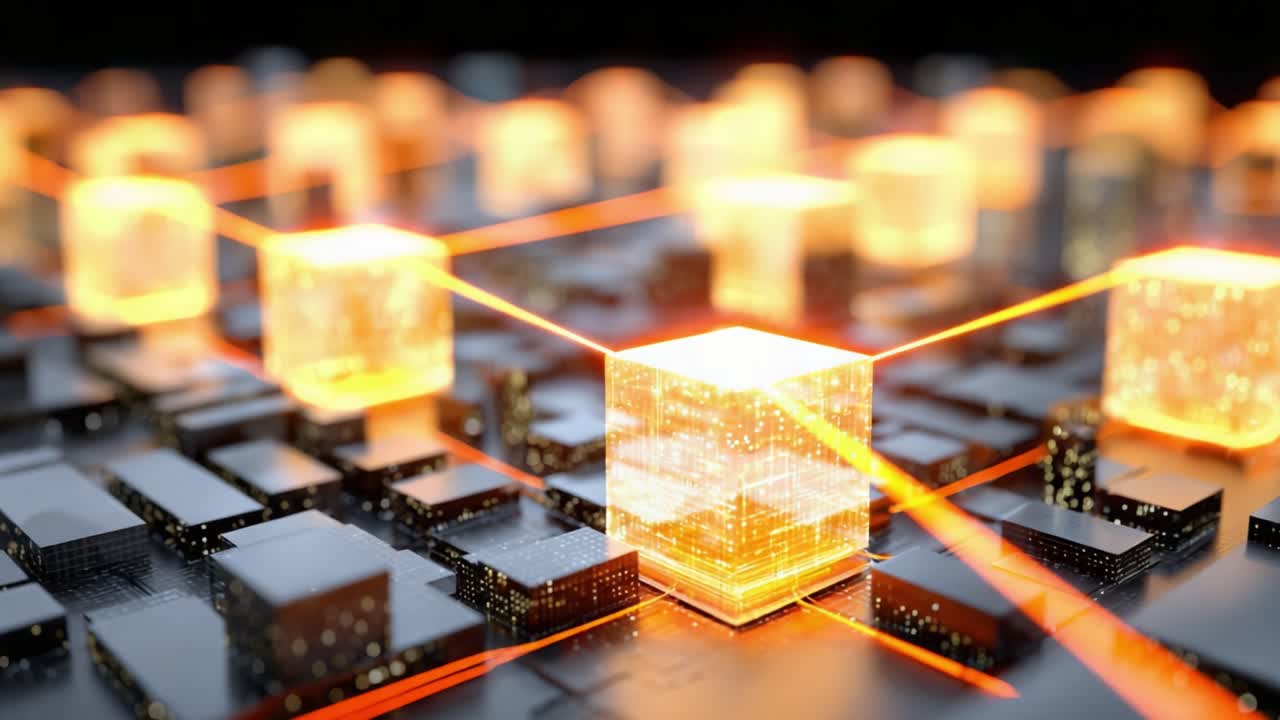 A futuristic urban landscape showcasing brightly lit, transparent cubes connected by glowing lines, symbolizing advanced technology and modern architecture in a digital environment
