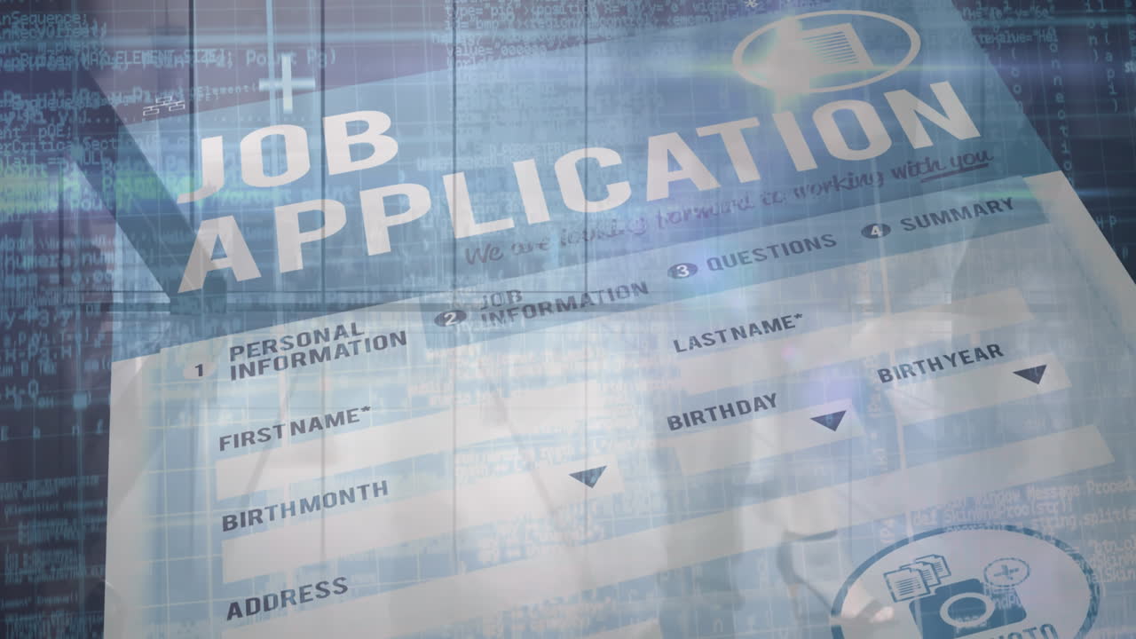 Animation de personnes défilant rapidement au-dessus d'un formulaire de demande d'emploi.