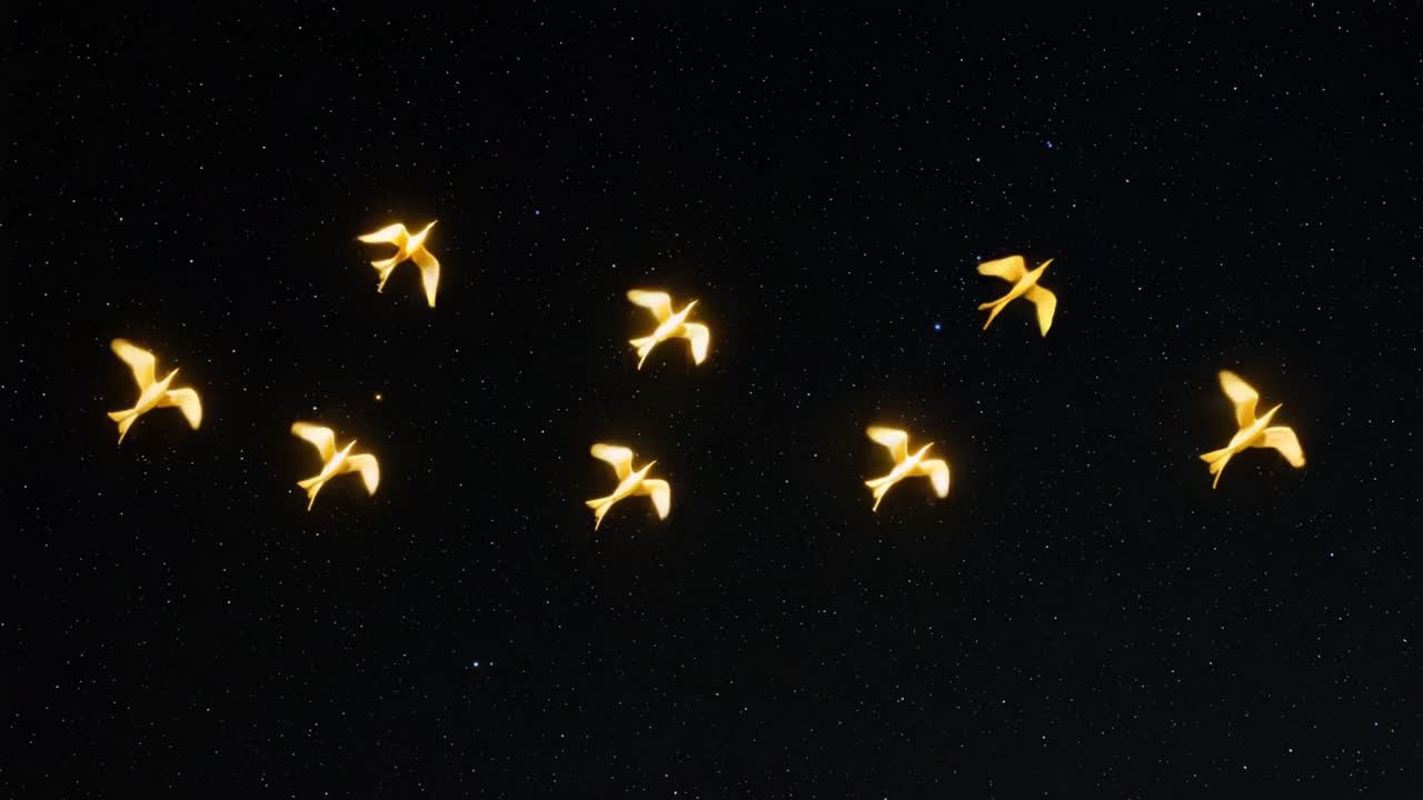 A Mesmerizing Display of Flying Golden Birds Against the Starlit Night Sky, Capturing the Essence of Natural Beauty and Freedom in Flight