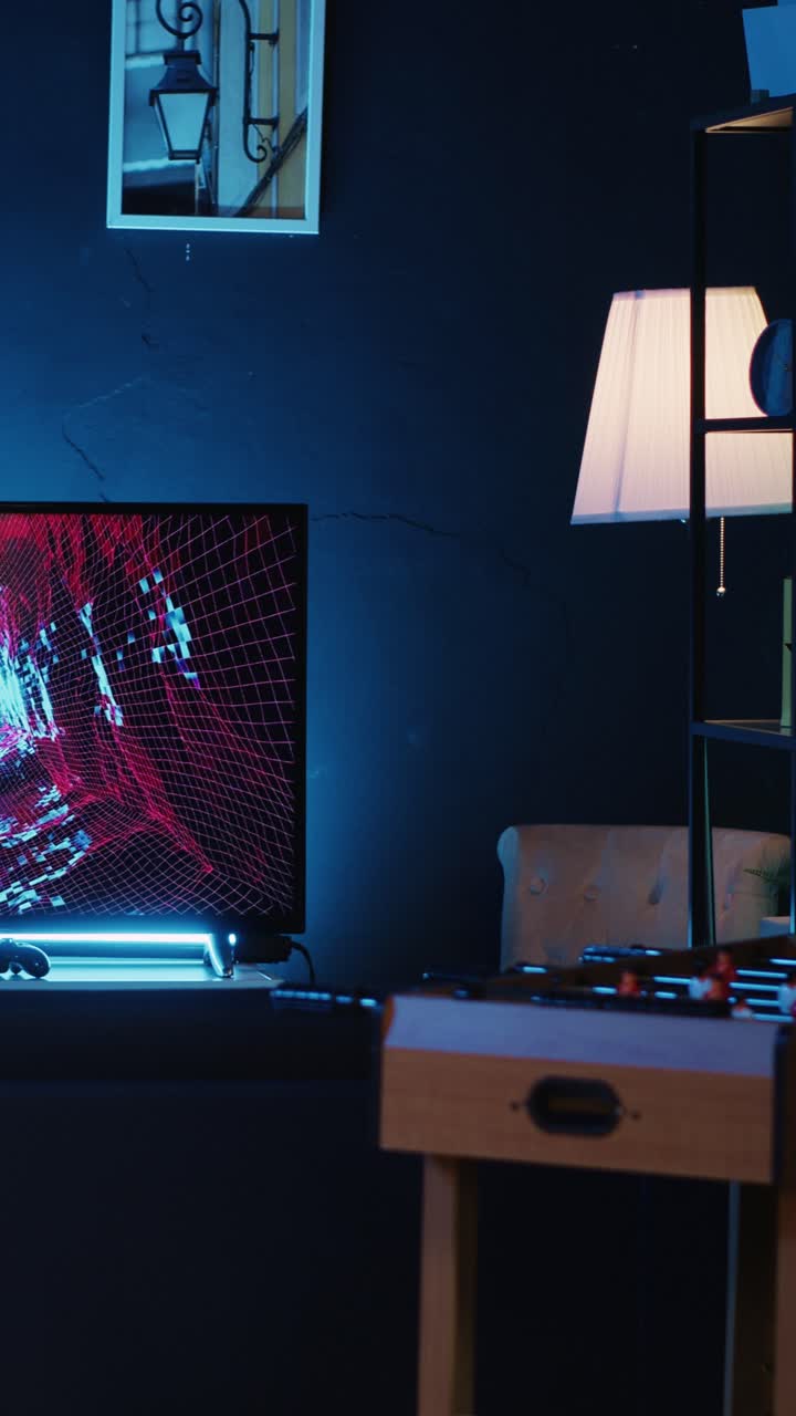 Vertical video Empty home studio illuminated with neon lights used for internet video production