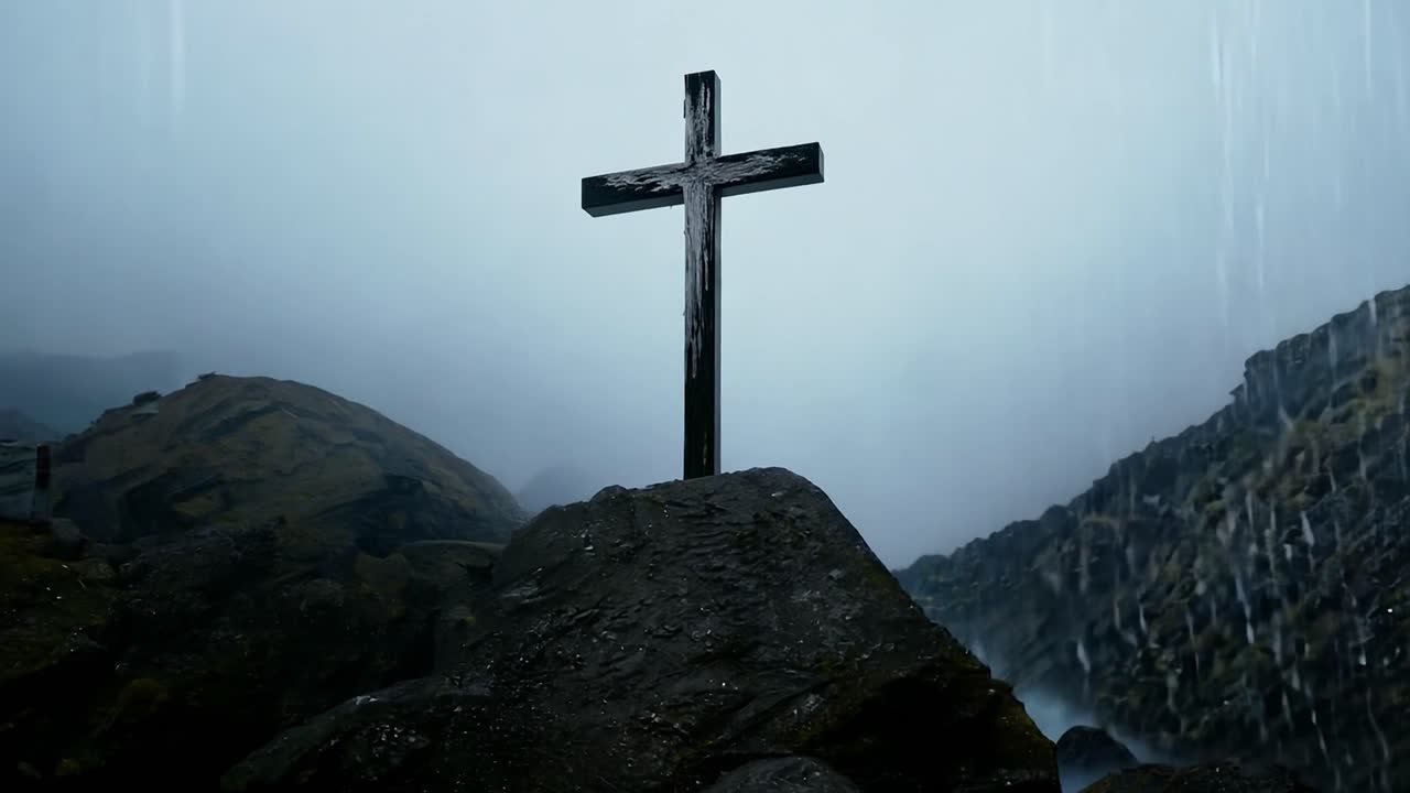 폭풍 에 싸인 산 꼭대기 에 있는 십자가