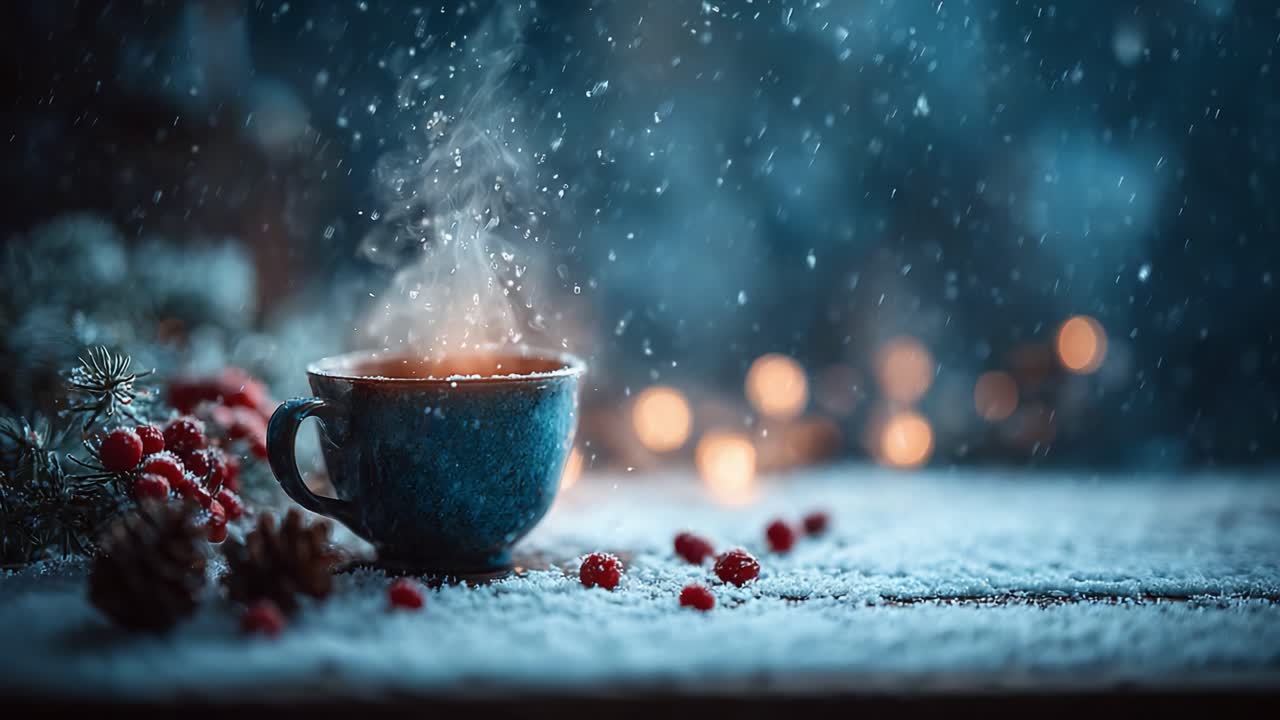 A Cozy Winter Scene with a Steaming Cup of Hot Beverage Surrounded by Snowflakes and Festive Red Berries on a Frosty Tabletop Amidst a Soft Evening Glow