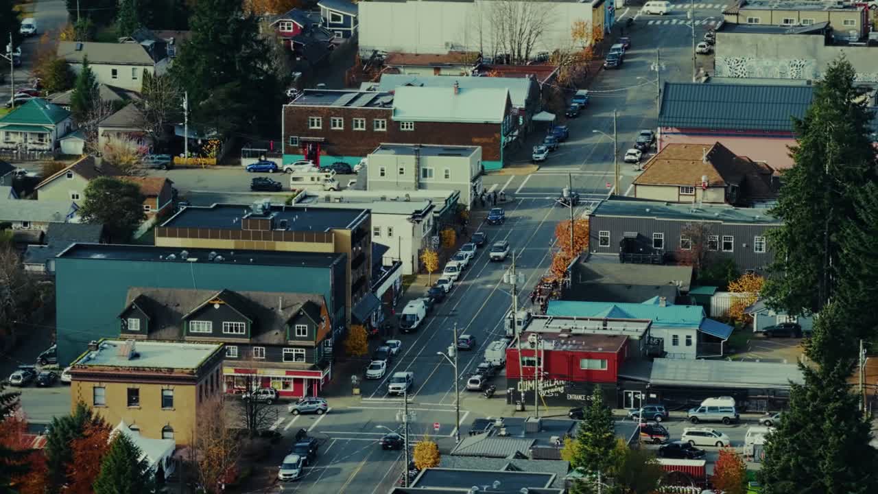 Cumberland from above, vibrant town on Vancouver Island, charming and vibrant