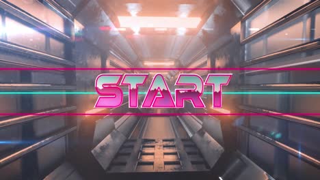 Animation-of-start-text-over-neon-lines-and-tunnel