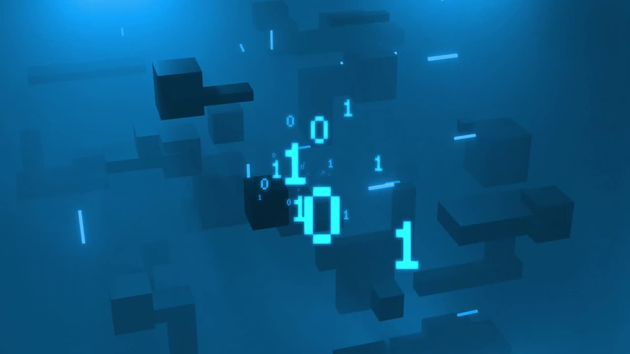 Animation of binary coding data processing over blue background