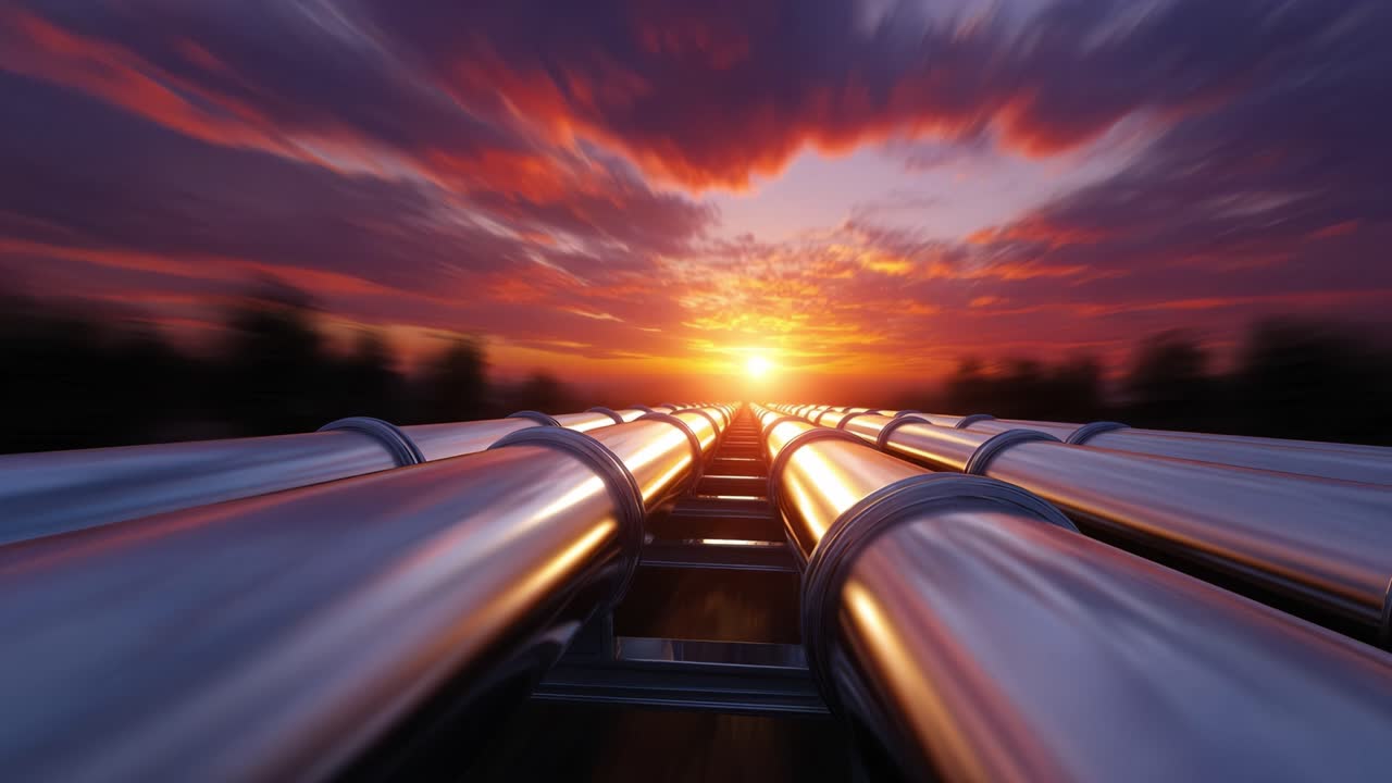 A Breathtaking Sunset Over Industrial Pipelines with Beautiful Sky Colors Reflecting on the Metal Surface, Creating a Stunning Visual Experience of Nature and Industry