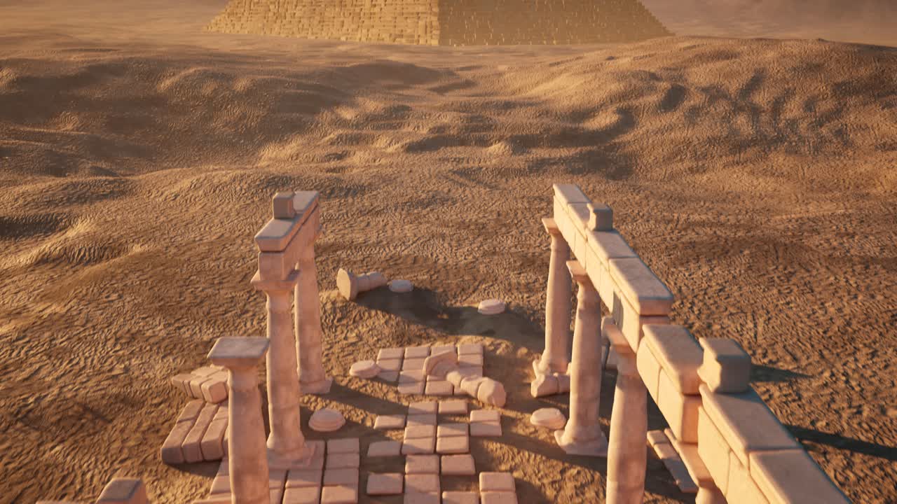 Ancient path to Egyptian Pyramids on arid desert environment on sunset, with stones, pillars, and ruined walls, 3D animation flythrough
