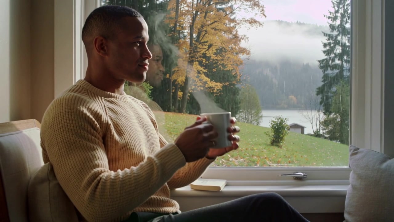 Lifting steaming mug, man in cream sweater sipping, gazing on window seat to enjoy lake view