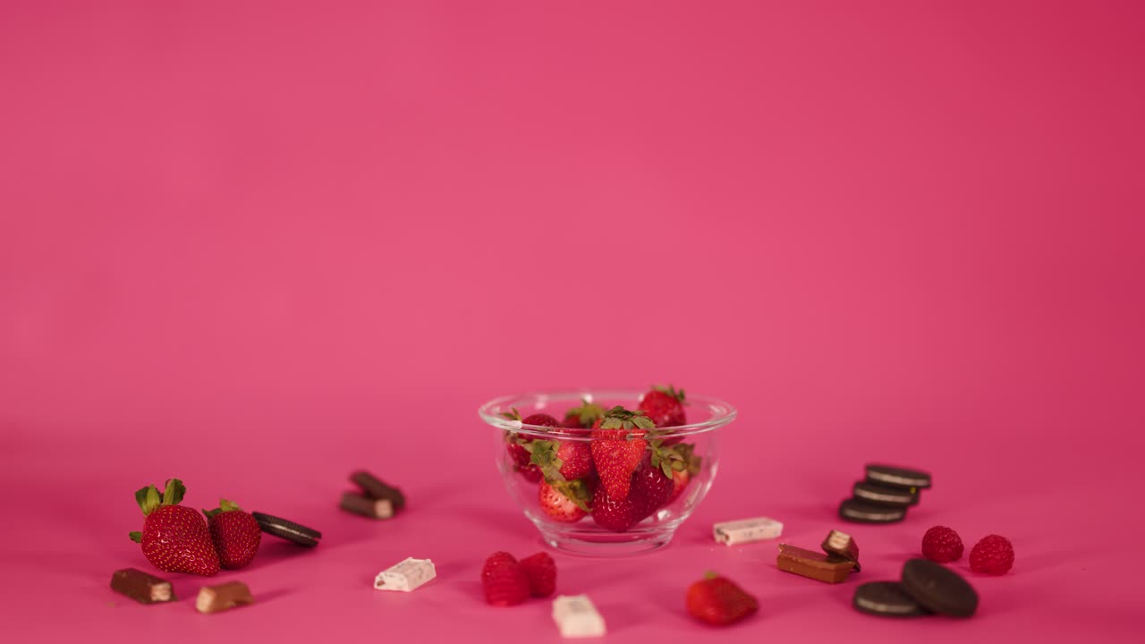 Hand reaches for assorted candies and strawberries on pink background, bright lighting, static camera
