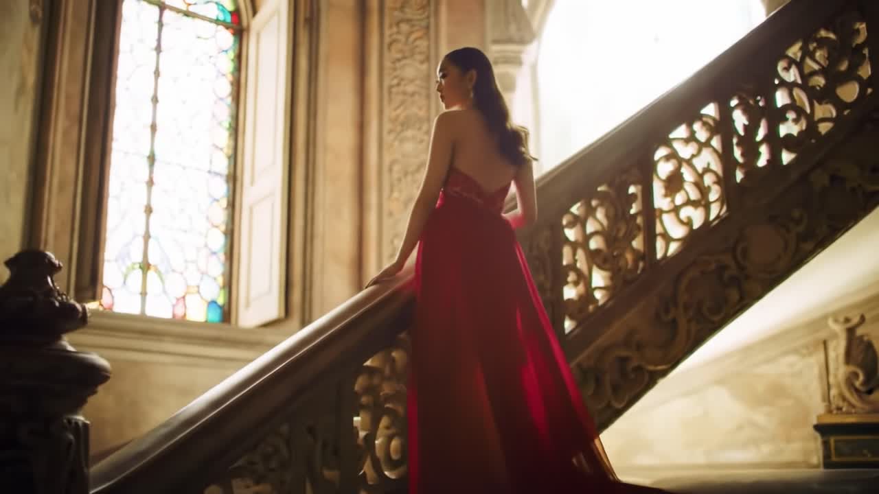 A graceful woman wearing a vibrant red dress climbs an ornate staircase inside an opulent mansion. Sunlight filters through the elegant architecture, creating a magical atmosphere.