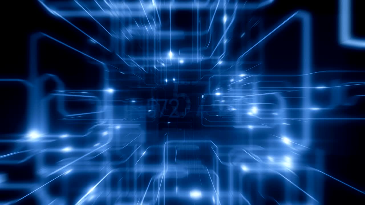 Beautiful Flight Inside CPU with Electrons Running Through Lines. Digital Code With Bright Flashes and Glowing Numbers. Looped 3d Animation Frames 200-400. Digital Technology Concept.