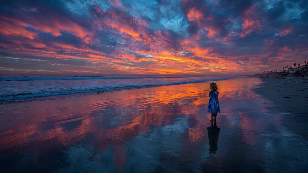 A Serene Sunset by the Ocean: A Young Girl Stands at the Water's Edge, Gazing at the Vibrant Sky and Reflective Waves During Golden Hour