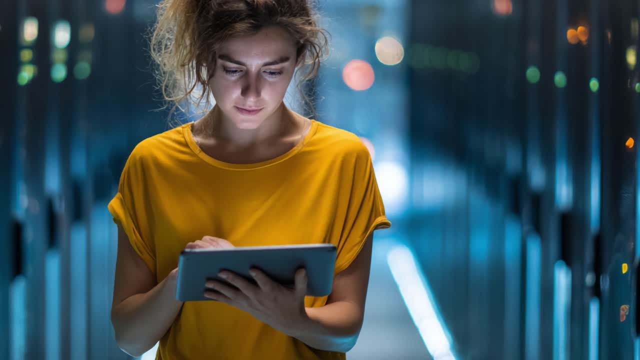 A young woman focused on her tablet in a high-tech data center, showcasing the blend of technology and human interaction within a modern digital environment