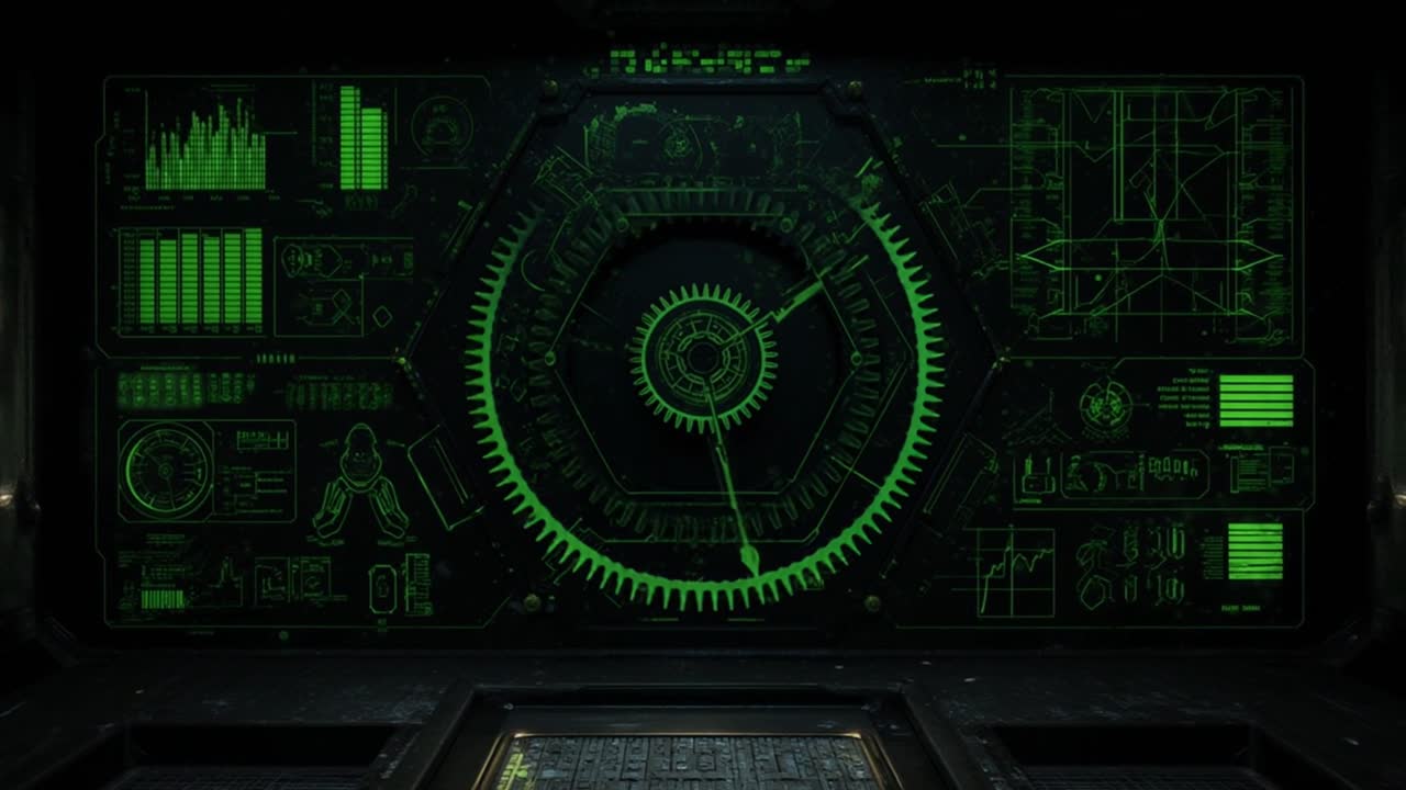 Futuristic Green Digital Interface with Rotating Gears and Data Display