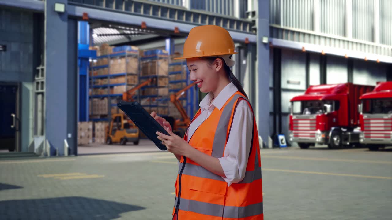 Side View Of Asian Female Engineer With Safety Helmet Working On A Tablet, Outside of Logistics Distributions Warehouse