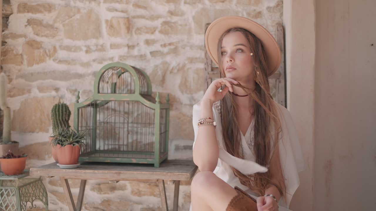 mujer bohemia en un entorno rústico