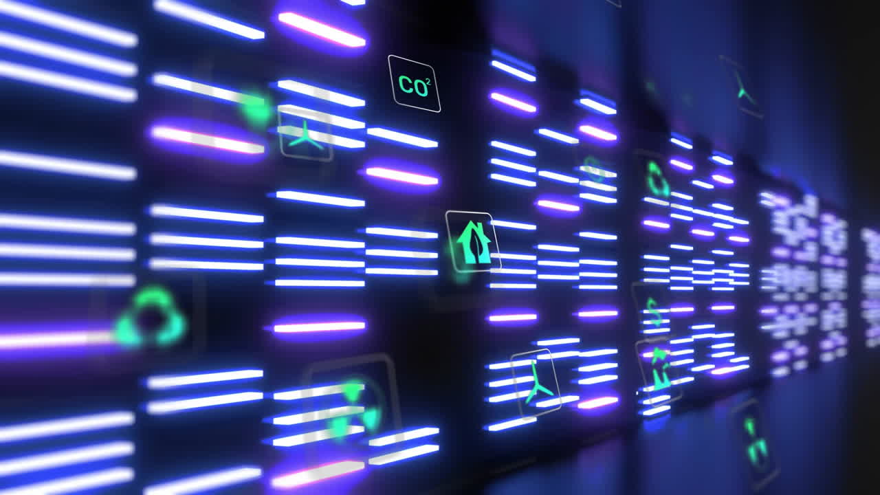 3D dashboard displaying glowing blue and purple data bars with floating panels showing eco icons