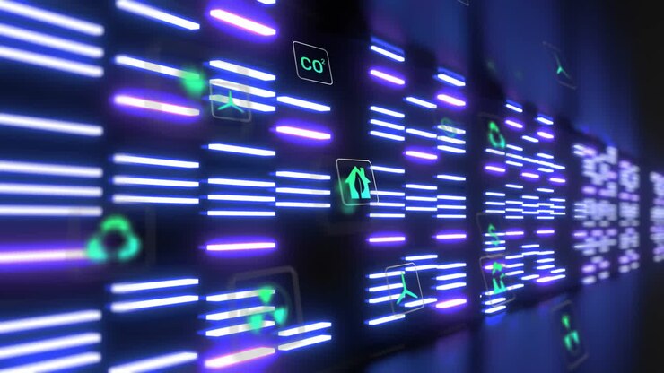 Cruscotto 3D che mostra barre di dati blu e viola luminose con pannelli fluttuanti che mostrano icone ecologiche.