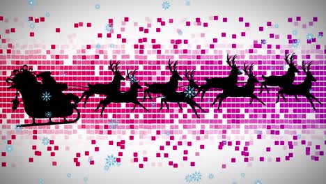 iconos de copos de nieve cayendo sobre santa claus en trineo siendo tirado por renos contra cuadrados de mosaico