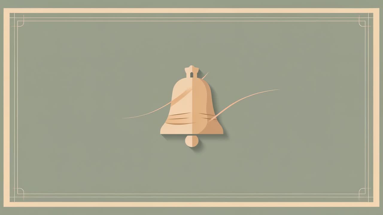 Starting stylized bell scaling up and rocking on sage-green panel, with clapper and ribbon trails