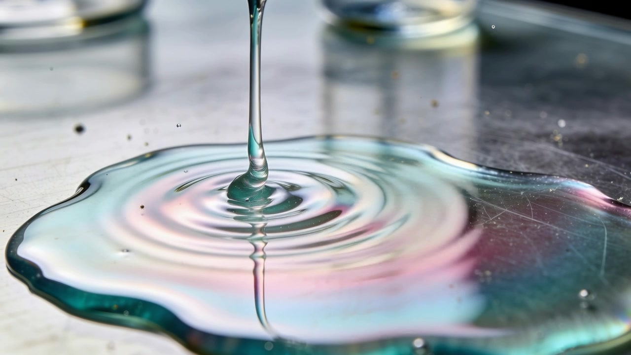 Pouring iridescent liquid stream contacting viscous puddle on shiny bench creating growing ripples