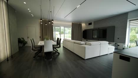 sala de estar y cocina más baja a la mesa de café de ancho. la vista se mueve hacia abajo en un amplio ángulo de plan de piso abierto sala de descanso y cocina a la mesa del café en la sala de estar