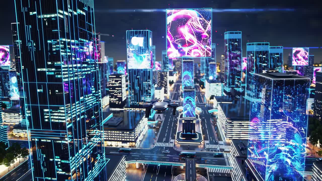 Futuristic cityscape with neon lights and digital screens, captured from a high-angle view