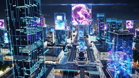 futuristic cityscape with neon lights and digital screens, captured from a high-angle view