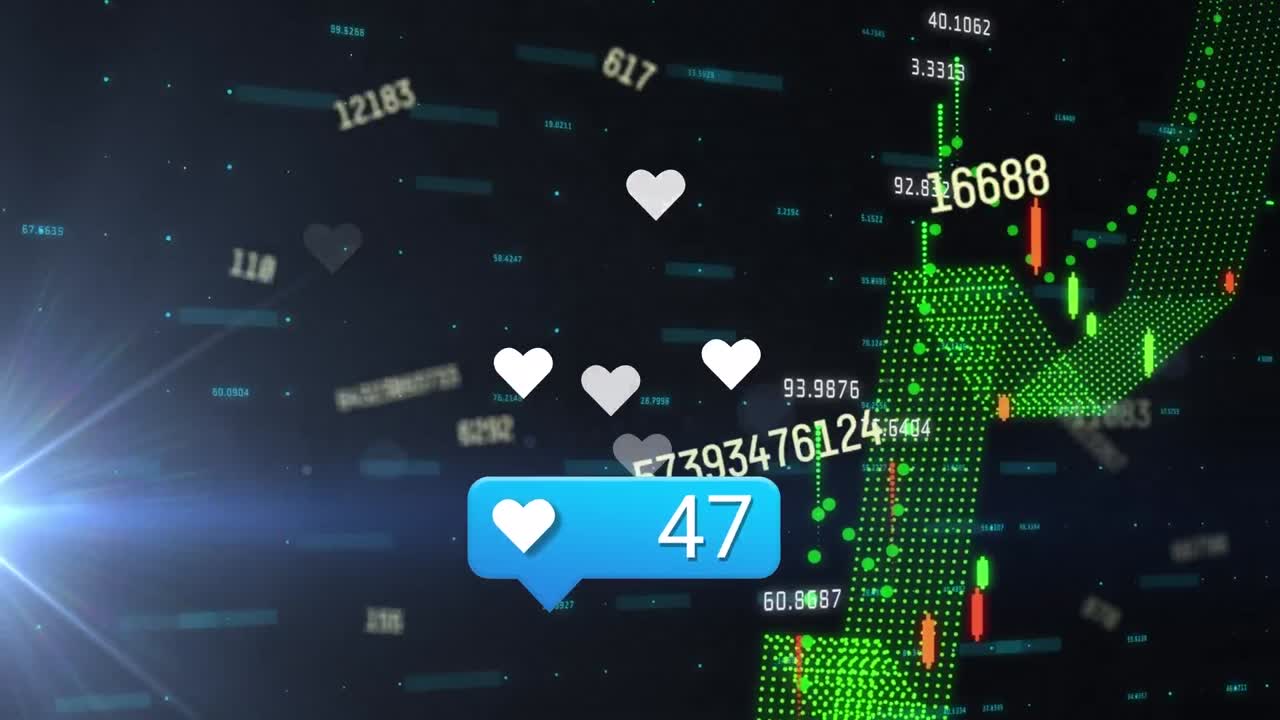 animación de la interfaz digital y iconos que caen sobre un fondo oscuro