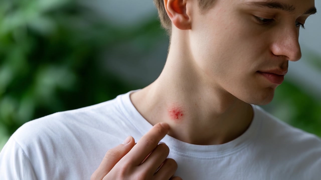日常の場面で、若い男性が首の新しい傷を指差しているクローズアップ。皮膚の損傷と健康上の懸念を示しています。