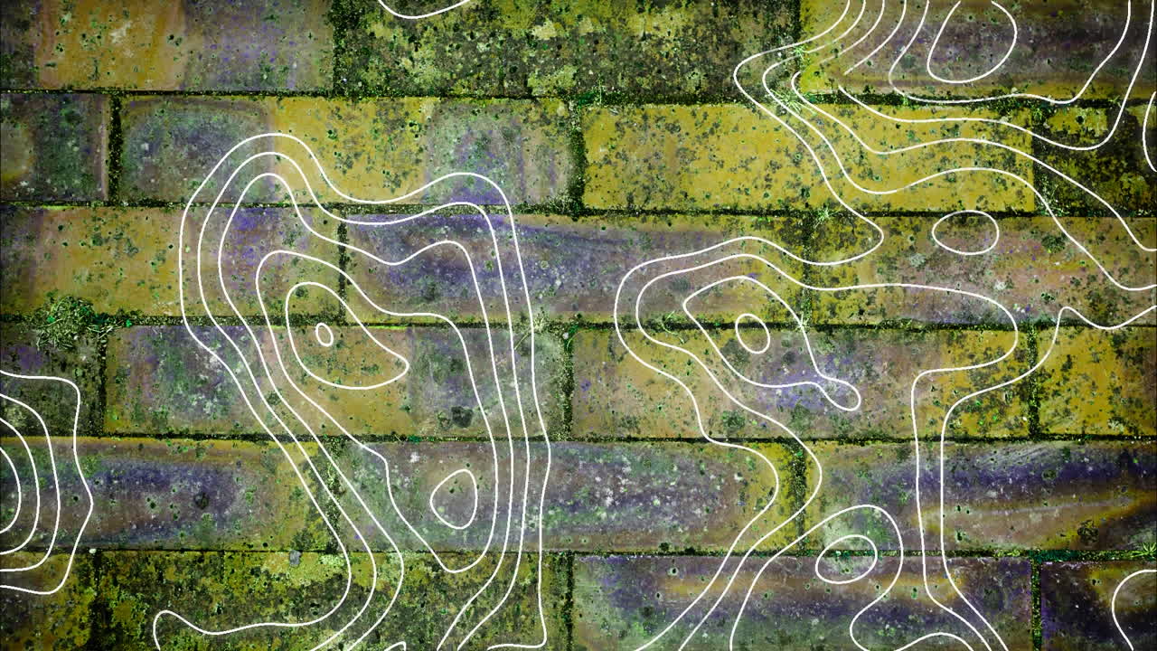 노란색 벽돌 벽 배경 위에 움직이는  ⁇ 색 윤 ⁇  선의 애니메이션