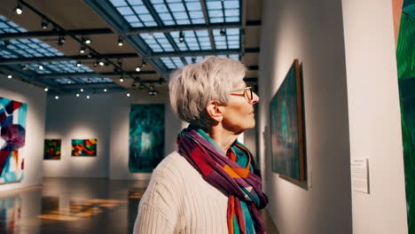 elderly woman viewing art in a museum