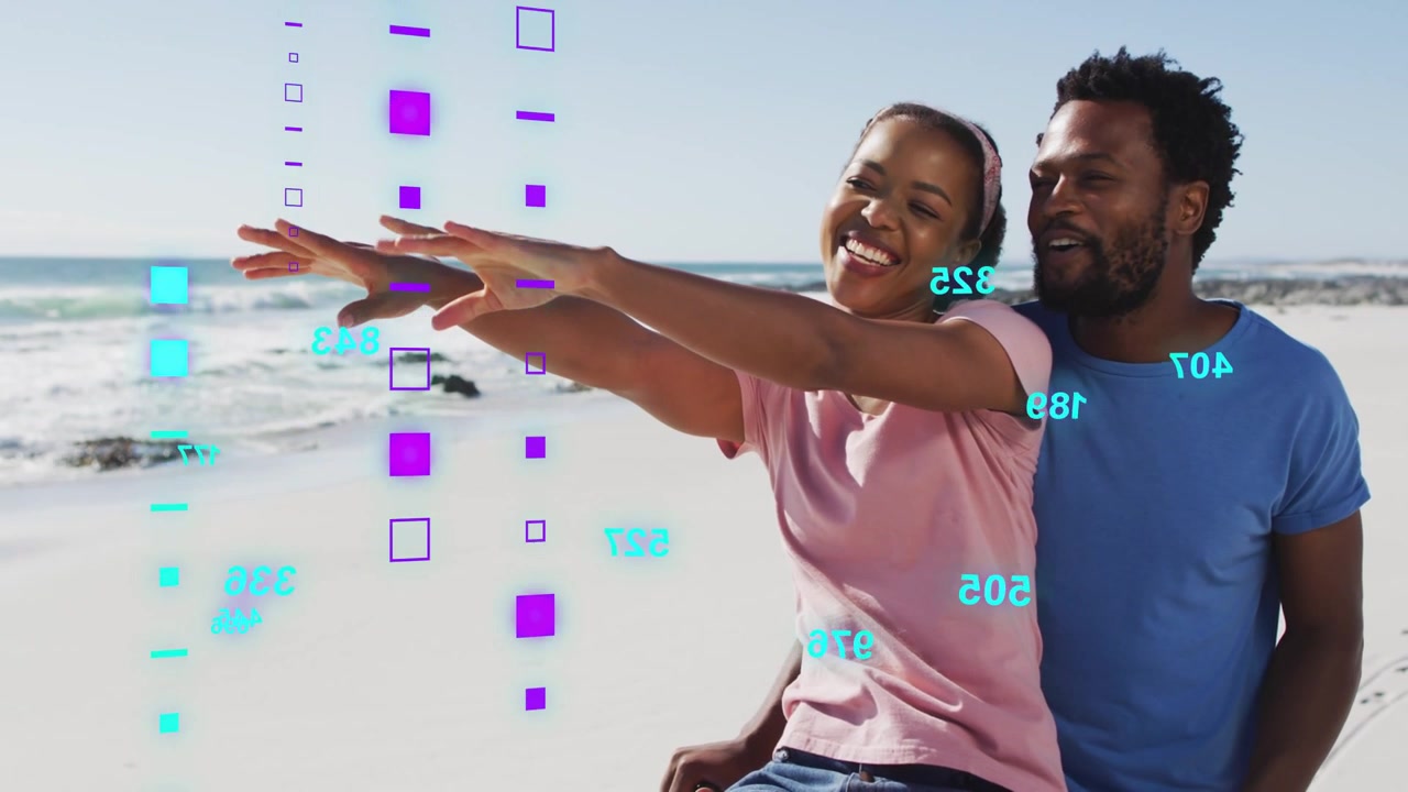 Lady lifting arm, pointing on beach sparking teal numbers purple icons weaving through pair fun ads