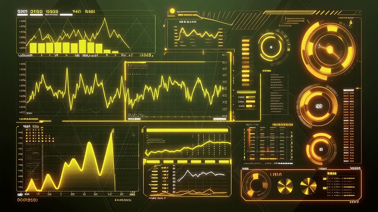 Animated Digital Interface Displaying Data Graphs and Charts