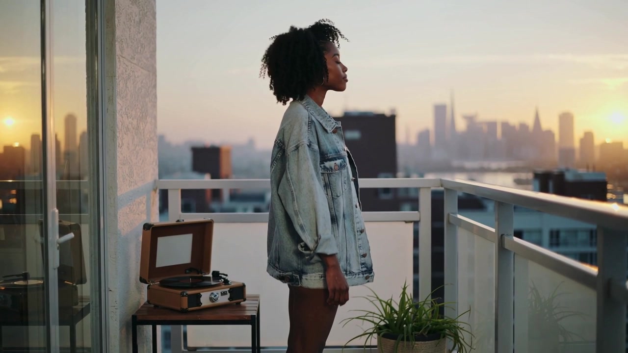 Donna che osserva con una giacca di jeans oversize che alza il mento su un balcone mentre il sole cala, un disco che gira