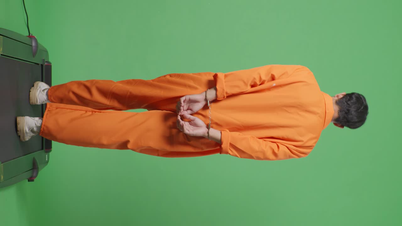 초록색 스크린 배경에서 걸어다니는 수갑에 인 아시아 남성 죄수의 전체 몸을 뒤로 보십시오.