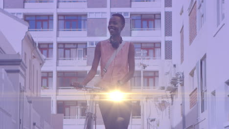 animación de puntos de luz sobre una feliz mujer afroamericana caminando en bicicleta