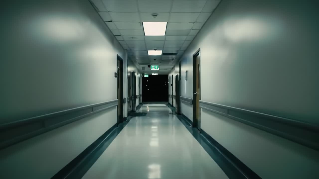Dim lighting casts shadows along a hospital hallway. The atmosphere is tense as empty rooms line both sides, evoking a sense of unease during the late hours.