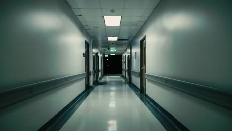 dim lighting casts shadows along a hospital hallway. the atmosphere is tense as empty rooms line both sides, evoking a sense of unease during the late hours.