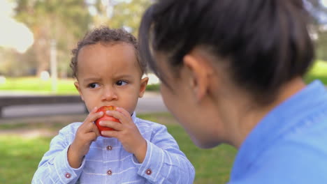 niño comiendo manzana, mirando a un lado, la madre mirándolo