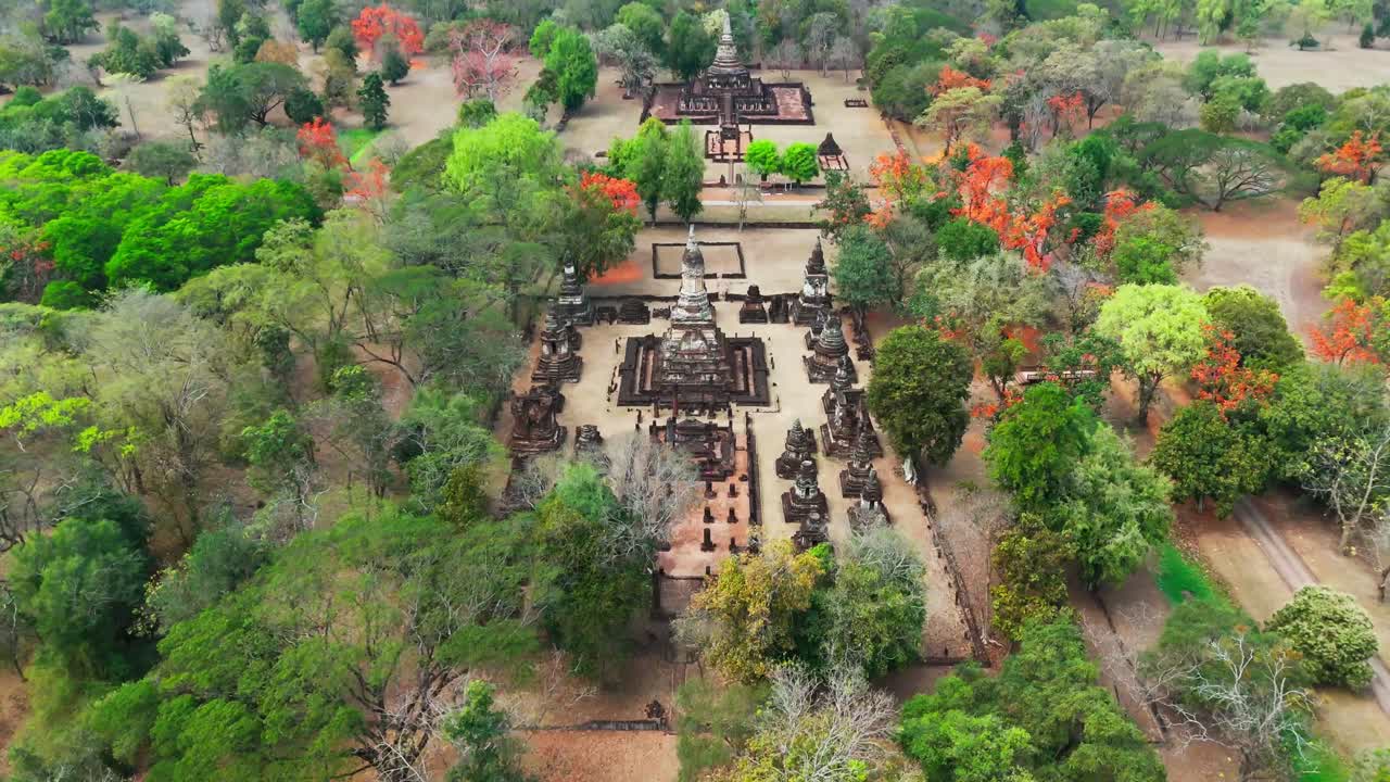 Aerial view of Sukhothai Thailand Si Satchanalai Historical Park, ancient ruins pagoda and temple drone footage