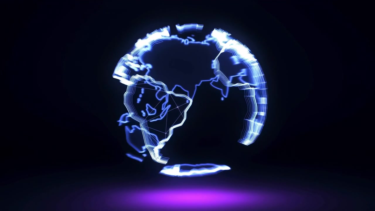 A luminous spherical globe made of bright blue electric lines and contours glows against a dark minimal background, with a soft purple light beneath it for a