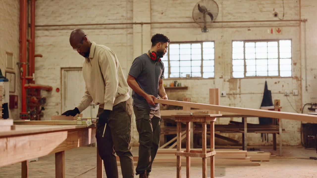 Carpenters working in a woodworking shop
