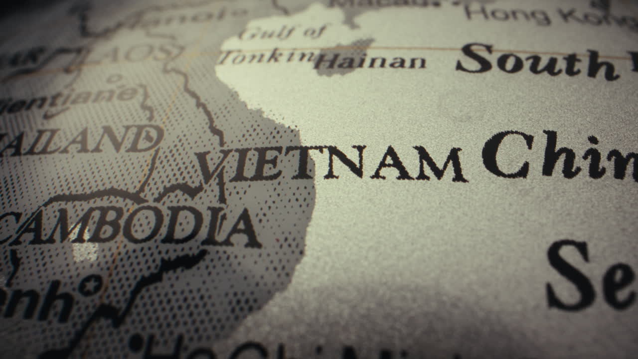 Close-up of a World Map Focusing on Vietnam and Surrounding Areas