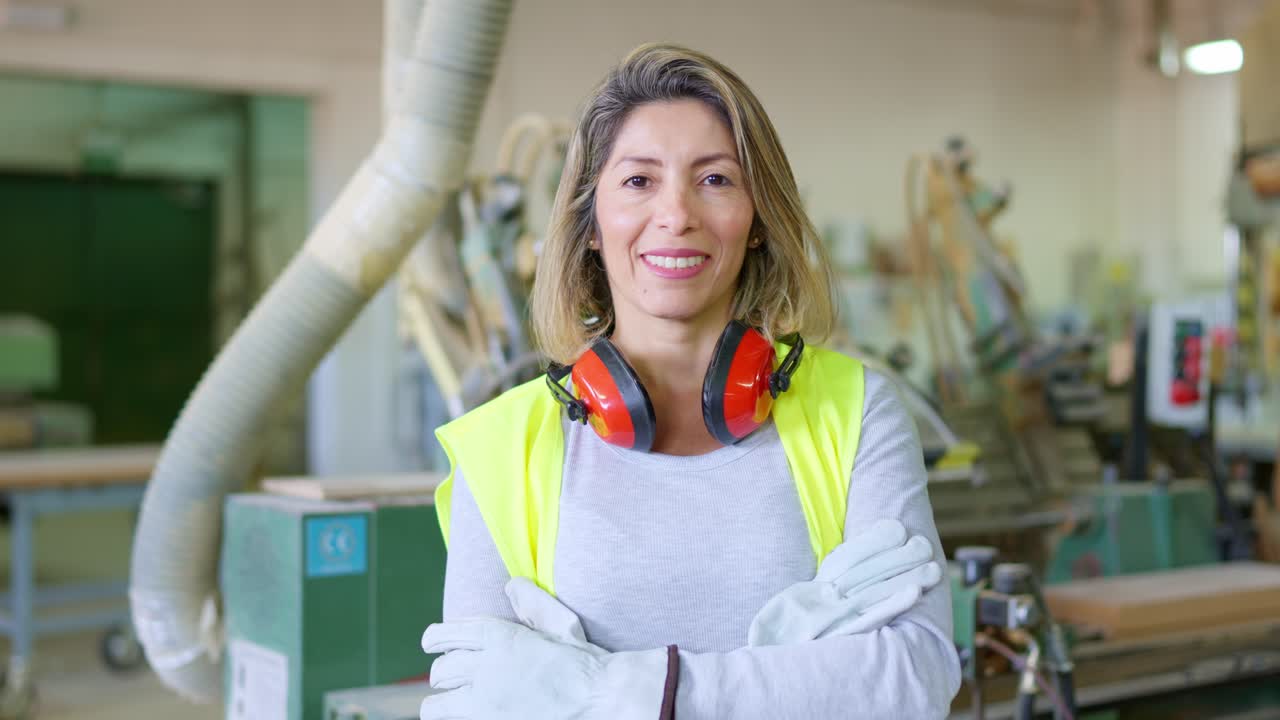 Selbstbewusste Arbeiterin mit Schutzausrüstung steht in der Werkstatt