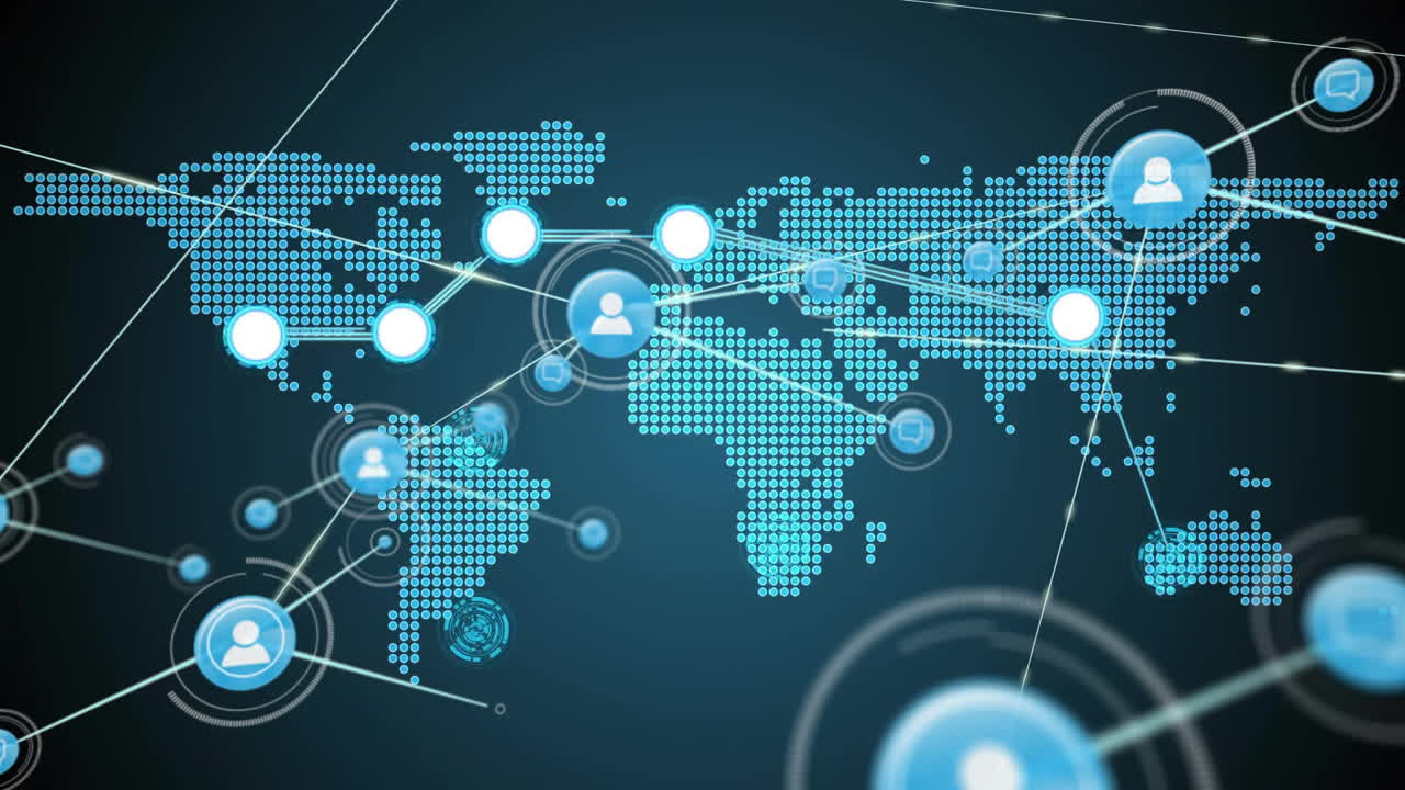 Global network connections and data exchange animation over world map