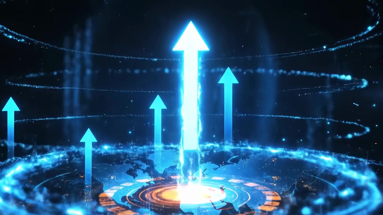Digital Arrows Rising from World Map Representing Global Growth