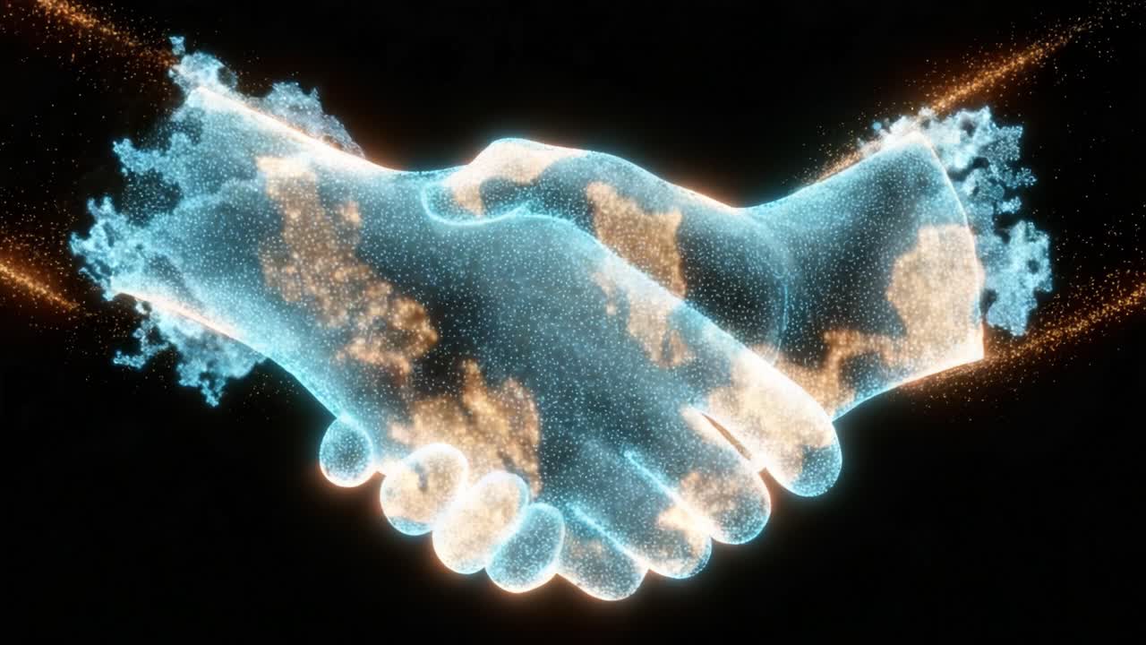 Two glowing digital hands forming a handshake with sparkling particles on a black background, symbolizing a futuristic business agreement, partnership, network connection, or successful deal