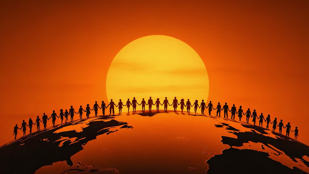 A Global Unity Celebration: Silhouetted Figures Holding Hands Against a Vivid Orange Sunset on the Horizon, Representing Global Togetherness and Harmony
