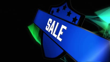 Animation-of-sale-text-on-shield-over-geometrical-green-shapes